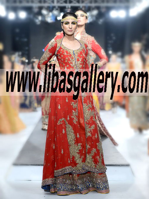 HSY Traditional Red Wedding Lehenga 2015 Collection, Pakistani Bridal Lahenga Sharara At PFDC L`Oreal Paris Bridal Week, ONline Shopping in London, Manchester, Birmingham